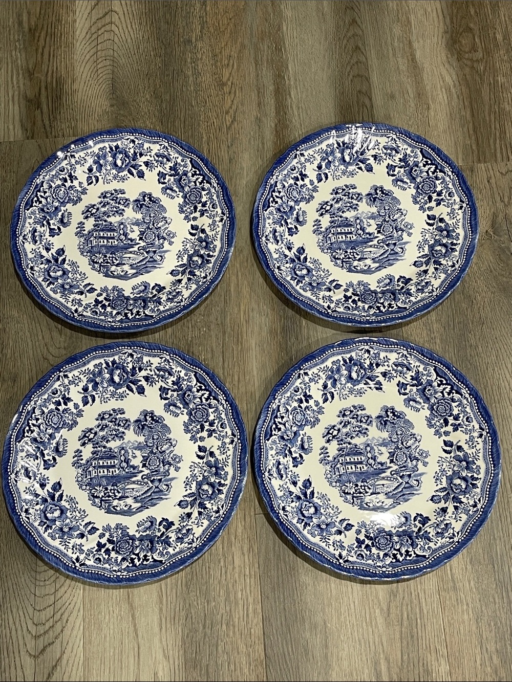 Queen’s Tonquin Blue 10” dinner plates set of 4 Countryside scenic illustration